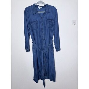 Coldwater Creek Midi Dress PXL Chambray Denim Blue Button Front Casual Western